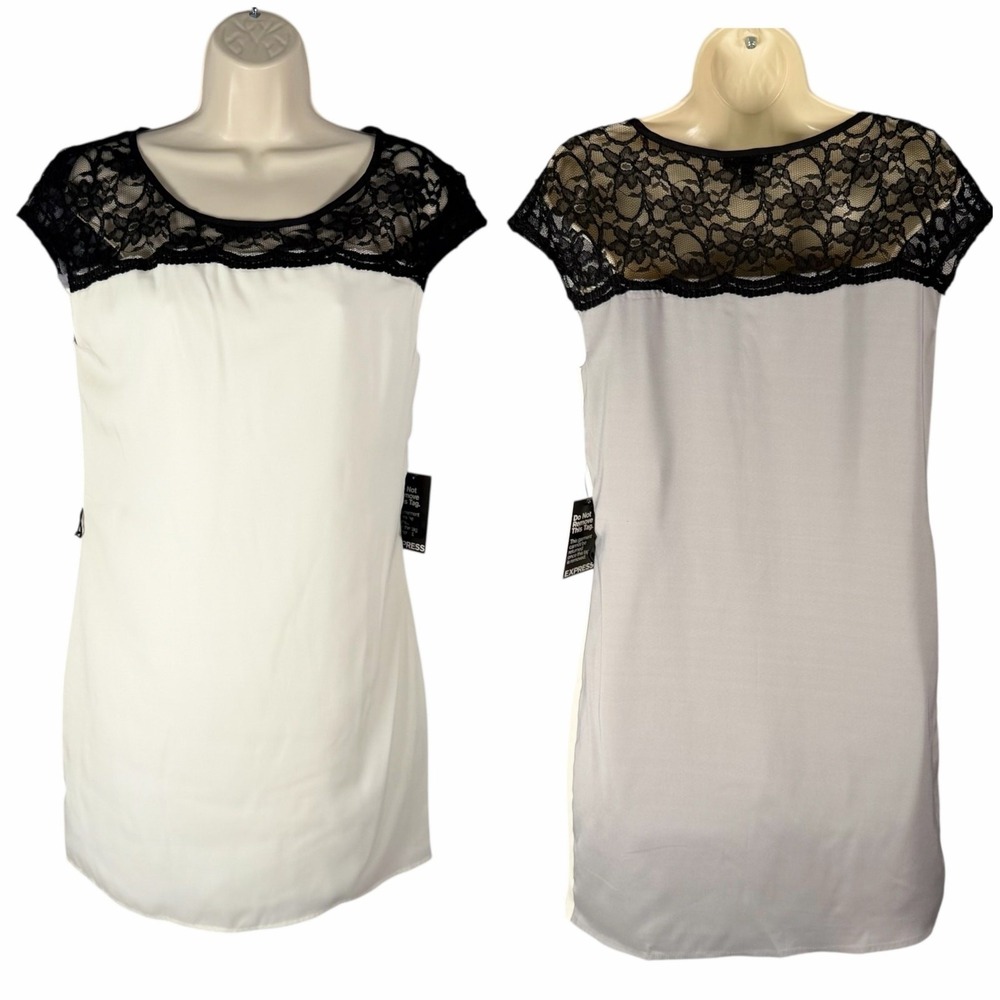 Express Dress Womens XS White Black Gray Colorblock‎ Lace Trim Shift Satin Lined